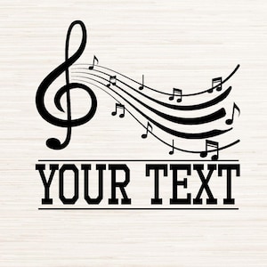 Può includere: Download digitale in bianco e nero in formato SVG, PNG, DXF, JPG e PDF di una chiave di violino con note musicali che ne fluiscono. Il testo "YOUR TEXT" è sotto la chiave.