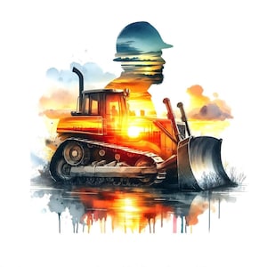 May include: A digital painting of a yellow bulldozer with a silhouette of a construction worker in front of a sunset. The bulldozer is on a dirt road and the sunset is reflected in the water. PNG and JPG files. 300 DPI High resolution.