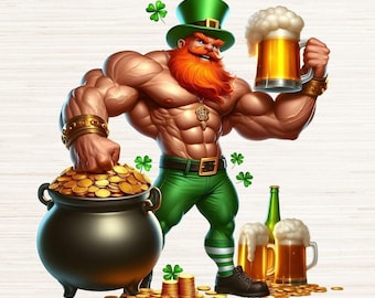 Duende musculoso Clipart PNG JPG, diseño de logotipo de camiseta del día de San Patricio, decoración de fiesta de la suerte de los irlandeses, descarga digital instantánea, 300 DPI
