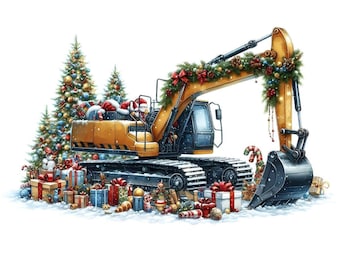 Op de afbeelding: Een gele graafmachine versierd met kerstverlichting, ornamenten en cadeaus. De graafmachine is omringd door sneeuw en dennenbomen. PNG- en JPG-bestanden. 300 DPI Hoge resolutie.