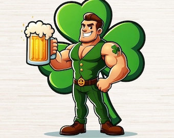 Muscular Bartender Clipart PNG JPG, St Patrick's Day T Shirt Logo Design, Luck of the Irish Party Decor, Instant Digital Download, 300 DPI
