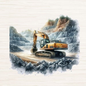 May include: A yellow excavator working in a quarry. The excavator is surrounded by rocks and dirt. The image is painted in a watercolour style.