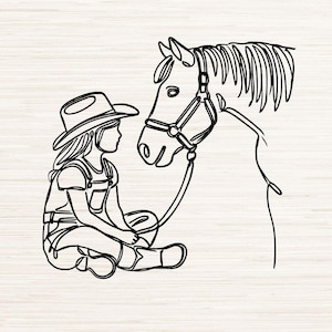 Dessin au trait Cowgirl et cheval Svg Dxf Png Téléchargement numérique | Contour de clipart minimaliste | Gravure laser | Cricut | Prêt pour la Forge Lumineuse
