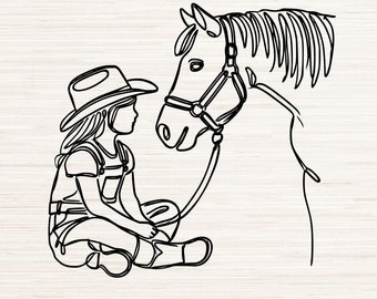 Zeer fijne tekeningen Cowgirl en paard Svg Dxf Png Instant Digitale Download | Minimalistische clipartomtrek | Lasergravure | Cricut | Klaar voor Glowforge