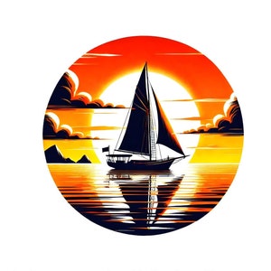 May include: A sailboat on the water at sunset. The sun is setting behind the boat, and the sky is a mix of orange, yellow, and red. The water is calm and reflects the colours of the sky.