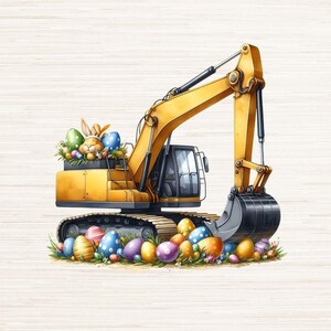 May include: A yellow excavator with a black bucket is filled with colorful Easter eggs. The excavator is sitting on a bed of green grass with more Easter eggs scattered around it.