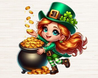 Female Leprechaun Clipart PNG JPG, St Patrick&#39;s Day T Shirt Logo Design, Luck of the Irish Party Decor, Instant Digital Download, 300 DPI
