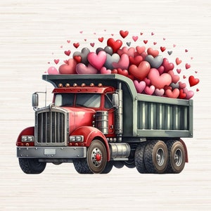 Puede incluir: Un camión volquete rojo lleno de corazones rosas y rojos. Archivos PNG y JPG. 300 DPI alta resolución.