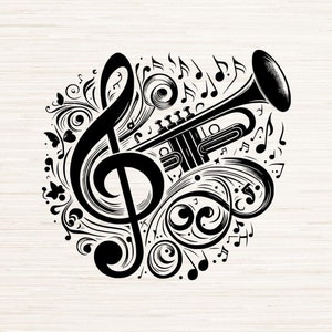May include: Black and white illustration of a trumpet and treble clef with musical notes and swirls. SVG, PNG, DXF, JPG, PDF.