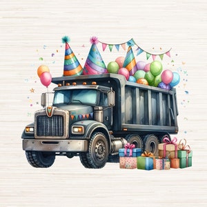 Puede incluir: Un camión volquete negro con una caja llena de globos y sombreros de fiesta coloridos. El camión está sobre un fondo de madera. Archivos PNG y JPG. 300 DPI Alta resolución.