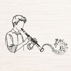 May include: A black and white line drawing of a person playing a clarinet with musical notes flowing from the instrument.