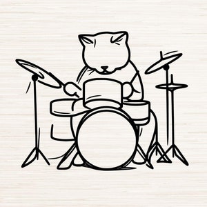 May include: A black and white line drawing of a cat playing the drums. The cat is sitting on a drum stool and has a pair of drumsticks in its paws. The cat is wearing a hat and has a smile on its face.