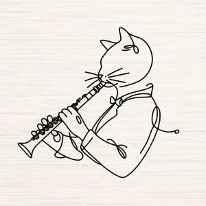 May include: A black and white line drawing of a cat playing a clarinet. The cat is wearing a bow tie and has a serious expression on its face. The image is set against a woodgrain background.