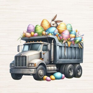 May include: A watercolor illustration of a gray dump truck overflowing with colorful Easter eggs and a bunny. The truck bed is filled with decorated eggs in various colors, including gold, blue, and purple. The image also includes the text "PNG and JPG files. 300 DPI High resolution."