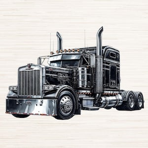May include: A detailed illustration of a black semi-truck with chrome accents. The truck features a large grill, multiple wheels, and tall exhaust pipes. The image includes the text "PNG and JPG files. 300 DPI High resolution."