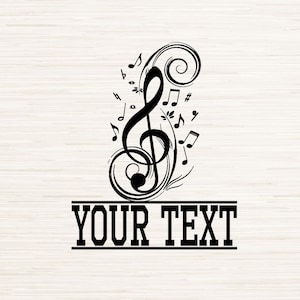 Pode incluir: Gráfico preto e branco de uma clave de sol com notas musicais e redemoinhos. O texto "YOUR TEXT" está abaixo da clave.