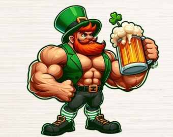 Duende musculoso Clipart PNG JPG, diseño de logotipo de camiseta del día de San Patricio, decoración de fiesta de la suerte de los irlandeses, descarga digital instantánea, 300 DPI