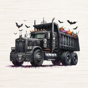 May include: A black dump truck with skull and bat decorations, carrying pumpkins. The truck has a detailed design with a gothic theme. Bats are flying around the truck. The image includes the text "PNG and JPG files. 300 DPI High resolution."