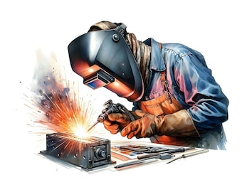 Escena de soldador en acuarela PNG JPG Descarga digital instantánea, diseño de camiseta de construcción, clipart de oficio especializado, imagen de 300 DPI, operador de máquina