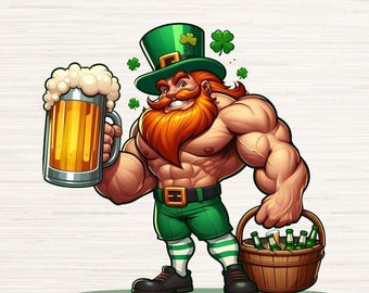 Muscular Leprechaun Clipart PNG JPG, St Patrick's Day T Shirt Logo Design, Luck of the Irish Party Decor, Instant Digital Download, 300 DPI