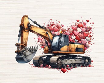 Excavadora de acuarela para el día de San Valentín PNG JPG Descarga digital instantánea, diseño de camiseta de construcción, clipart de equipo pesado, operador de máquina