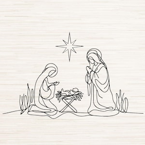 Può includere: Un disegno in bianco e nero della scena della Natività con Maria, Giuseppe e il bambino Gesù in una mangiatoia. Una stella è sopra di loro.