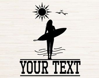 Split Monogram Female Surfer Silhouette Svg Dxf Png Instant Digital Download, Name Text Space Vector, Home Bar Graphics, Custom Lettering