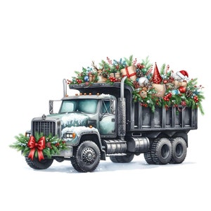 Camión volquete navideño de acuarela PNG Descarga digital instantánea, Diseño de camiseta de trabajo de construcción, Clipart de equipo pesado, Operador de máquina