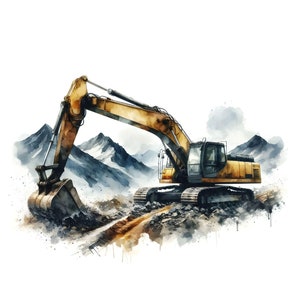 Könnte beinhalten: Eine Aquarell-Illustration eines gelben Baggers, der in einer Berglandschaft gräbt. PNG- und JPG-Dateien. 300 DPI Hohe Auflösung.