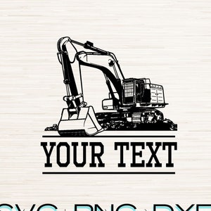 May include: Black and white silhouette of an excavator with the text "YOUR TEXT" below it. The image is on a woodgrain background.