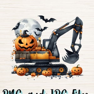 Könnte beinhalten: Ein schwarzer Bagger mit einem Löffel voller orangefarbener Kürbisse. Der Bagger ist mit Fledermäusen und einem Vollmond verziert. Der Text "PNG and JPG files. High resolution." befindet sich am unteren Rand des Bildes.