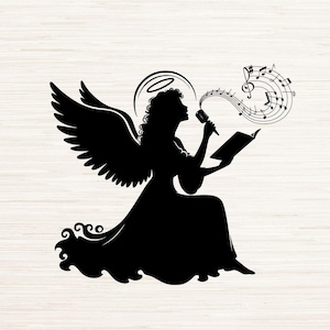 Op de afbeelding: Zwarte silhouet van een engel met vleugels, halo en een microfoon die zingt. Muzieknoten stromen uit de microfoon. De engel houdt een boek in één hand. SVG, PNG, DXF, JPG, PDF
