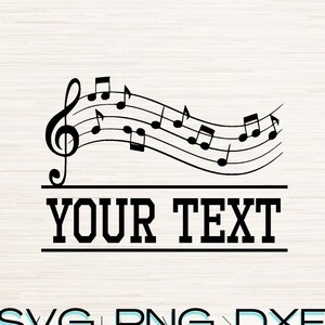Puede incluir: Diseño de notas musicales en blanco y negro con una clave de sol y el texto "YOUR TEXT" debajo. El texto "SVG, PNG, DXF, EPS, JPG, PDF" está debajo del diseño.