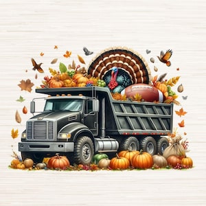 May include: A black dump truck filled with pumpkins, fall leaves, and a turkey. A football is in the bed of the truck.