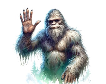 Watercolor Bigfoot Waving PNG JPG Instant Digital Download, Sasquatch TShirt Logo Design, Yeti Clipart Graphic, High Quality Picture 300 DPI