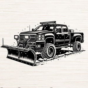 May include: Black and white illustration of a pickup truck with a snow plow attached to the front. The truck is driving through snow.  SVG, PNG, DXF, JPG, PDF