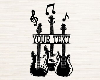 Split Monogram Guitar and Music Notes Svg Dxf Png Instant Digital Download, Name Text Space Vector, Band Graphic, Musician Customizable Logo