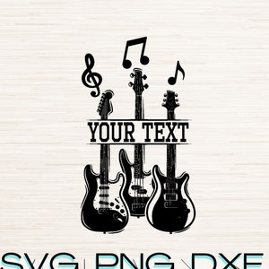 May include: Black and white silhouette of three electric guitars with music notes above them. The guitars are arranged vertically with the text "YOUR TEXT" above them.