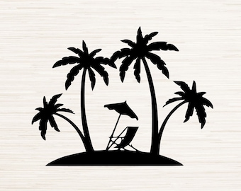 Beach Palm trees and beach chair png, svg, pdf, vector file, jpeg, instant download, clipart, Black and white Silhouette, SVG for Cricut