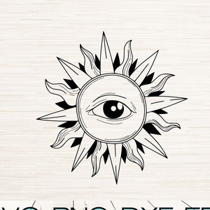May include: Black and white line art illustration of a sun with an eye in the center. The sun has a stylized, radiating design.