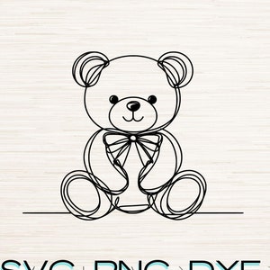 May include: Line art illustration of a teddy bear wearing a bow tie. The image is in black and white and has a simple, minimalist style. The text "SVG, PNG, DXF, JPG, PDF" is below the image.