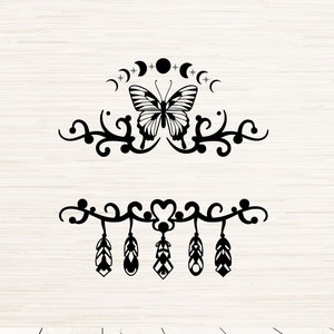 May include: Black and white digital design featuring a butterfly with a crescent moon and stars above it. Below the butterfly is a design with feathers hanging from a vine. The text "SVG, PNG, DXF, EPS, JPG, PDF" is below the design.