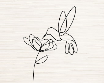 ミニマリストのハチドリと花の線画 SVG Dxf PNG インスタントデジタルダウンロード、レーザー彫刻、昇華、連続線画