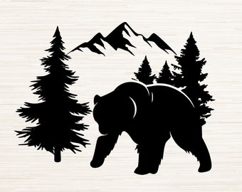 Bear Mountain Scene Logo Svg Dxf Eps Png Instant Digitale Download | Clipart silhouet vectorbestand | Lasergravure | Cricut | Glowforge