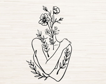 線画 花柄 女性 SVG Dxf Eps JPG PNG Pdf インスタントデジタルダウンロード | ミニマリスト クリップアート アウトライン | レーザー彫刻 | Cricut | Glowforge