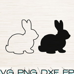 May include: A black and white silhouette of a rabbit. The rabbit is facing to the right. The image is on a woodgrain background. SVG, PNG, DXF, EPS, JPG, PDF.