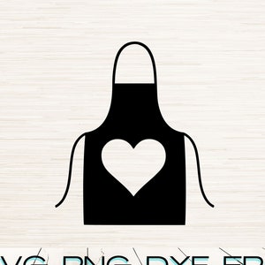 May include: Black and white silhouette of an apron with a heart in the center. The text "SVG, PNG, DXF, EPS, JPG, PDF" is below the apron.