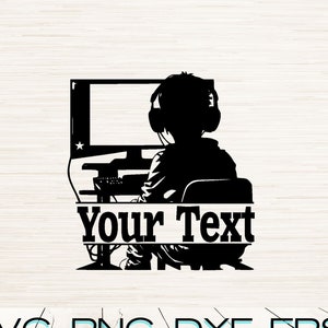 May include: Black and white silhouette of a person wearing headphones and sitting in front of a computer. The text "Your Text" is displayed below the image.