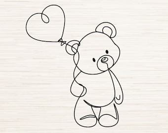 Minimalist Teddy Bear and Balloon Line Art Svg Dxf Png Instant Digital Download, Laser Engraving, Sublimation, Continuous Line Art Drawing