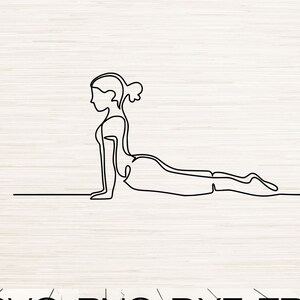 May include: Line art illustration of a person in a yoga pose, the cobra pose. The image is in black and white.